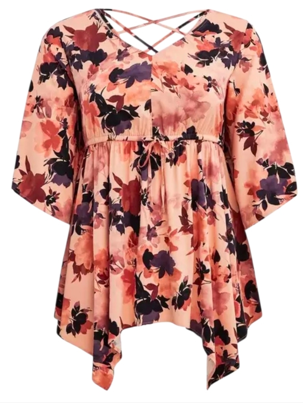 Torrid Babydoll Tunic Sharkbite Hem Stretch Challis Floral Peach Pink 3X NWT